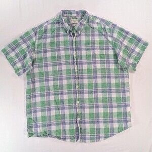 Weatherproof Vintage Washable Linen Shirt Mens XL Green Blue Plaid Short Sleeve